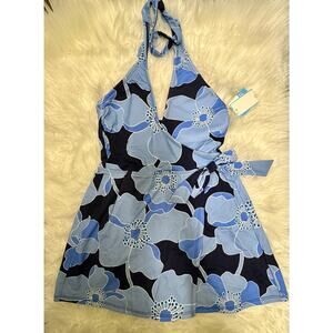 Draper James RSVP Blue Poppy Floral Halter 1 Piece Swim Dress Padding NEW Small